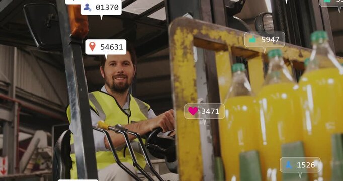 Forklift operator steering, camera pan causing reaction bubbles growing over bottles, moving load