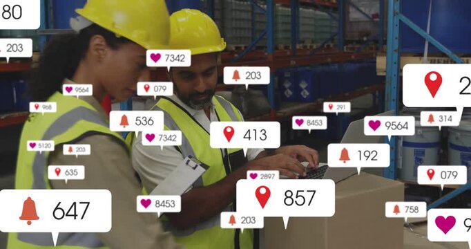 Lead typing laptop starting showing icons while female worker writing clipboard checking inventory