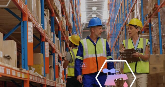 Lead guiding crew walking aisle doing inventory safety check, checker pointing starting scan, HUD