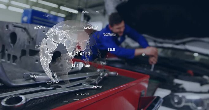 Camera focusing toolcart causing rotating orb overlay as tech torquing engine bolts for auto repair