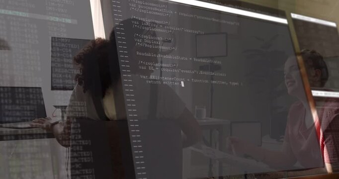 Code overlay appearing, two partners pointing and reading printed pages, refining project together