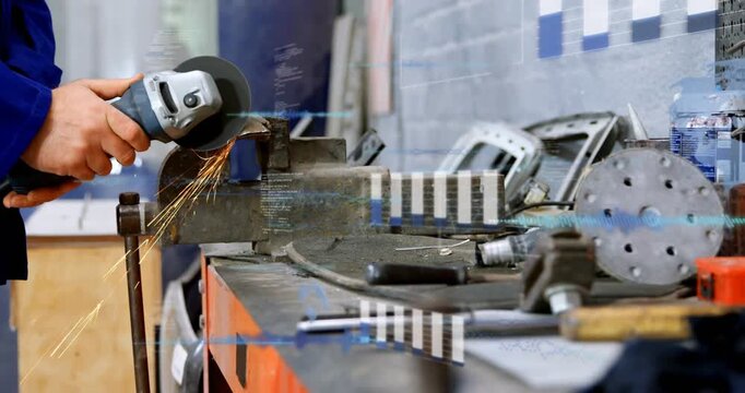 Worker pressing angle grinder against held metal, producing sparks and smoothing edge for weld prep