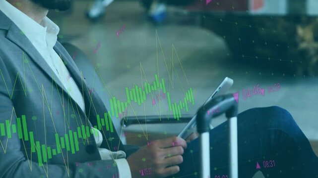 Business traveler tapping tablet at gate, tracking stocks with live stock charts over tablet screen