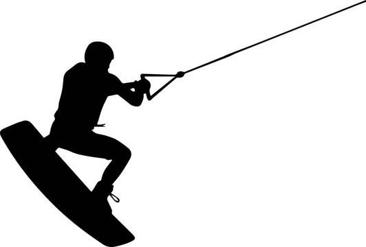Dynamic silhouette of a wakeboarder executing an aerial trick against a clean white background for action sports marketing