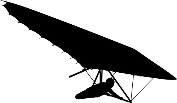 Dynamic silhouette of a hang glider pilot soaring freely against a clean white background, capturing the thrill of flight