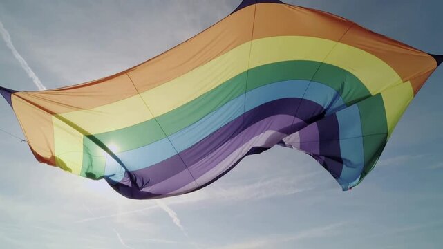 Billowing rainbow sail rippling in blue sky low-angle, wind pulling, sun glare and tether lines