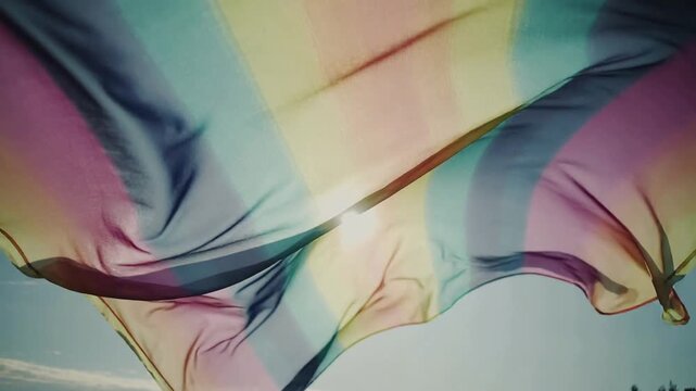 Billowing translucent multicolored scarf riding gusting wind, catching sun backlight over meadow