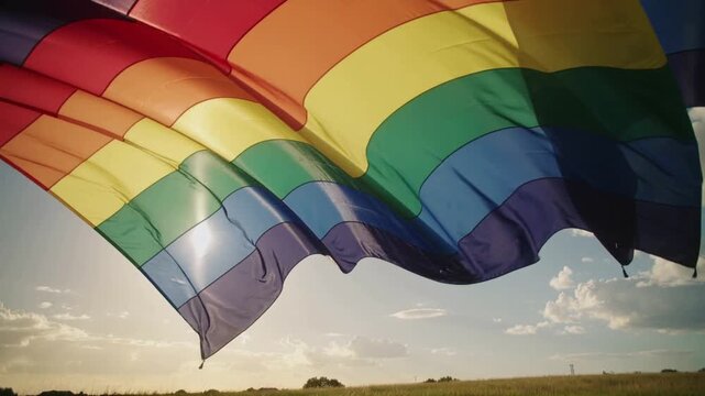 Wind whipping two rainbow banners, sun backlighting panels and forming marketing visuals for design