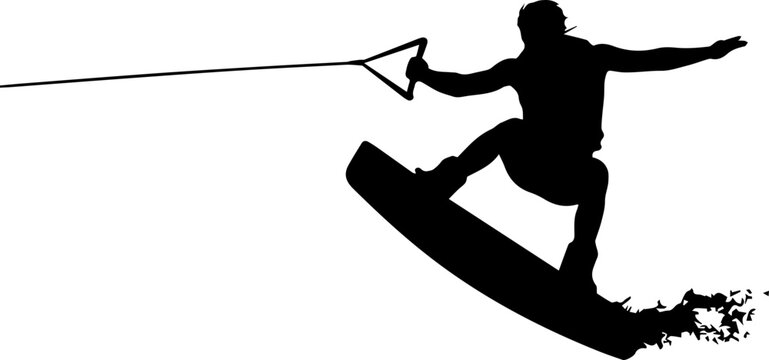 Dynamic wakeboarder silhouette mid-air, kicking up spray with energetic action, capturing extreme water sports thrill and freedom