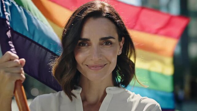 Woman holding rainbow flag pole in urban street, breeze unfurling flag, camera zooming for pride