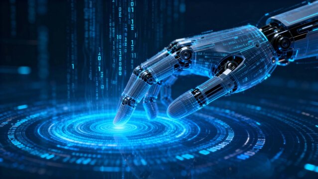 Futuristic robotic hand interacting with digital interface