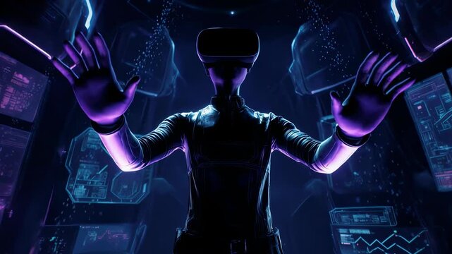 Back-View User Wearing VR Headset in Neon Control Room