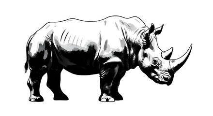 Fototapeta premium Black and white illustration of a rhinoceros standing isolated on white background
