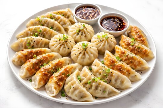 Plato de gyozas y dumplings con salsa.