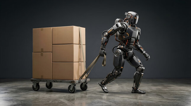 Advanced humanoid robot pulling cargo cart with cardboard boxes in warehouse. Industrial automation and artificial intelligence in logistics industry