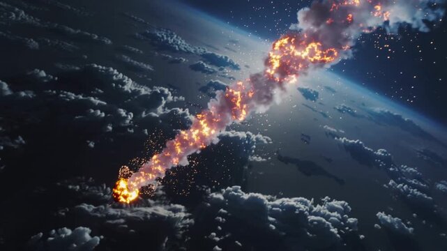 Entering atmosphere, fiery reentry object fragmenting over Earth limb, trailing glowing sparks