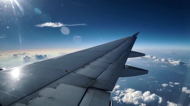 Cruising airplane right wing reflecting sun through passenger window at high altitude, clouds below