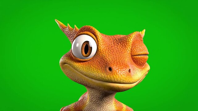 Funny 3D Cartoon Gecko Character Winking on Green Screen