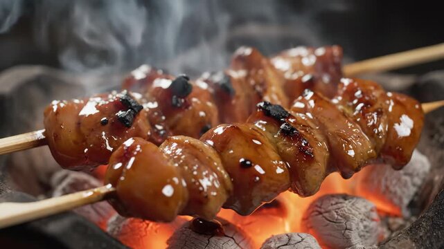 Savory grilled meatball cooking close up on traditional charcoal grill, showcasing smoky flame and sizzling sounds of popular street food