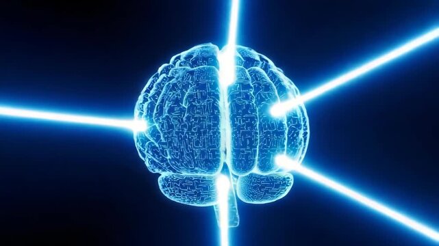 Illuminated Digital Brain Emitting Beams Of Light Intellect Creative Thought Process Memory Innovation Set Against Dark Blue Gradient Backdrop For Tech Science Healthcare