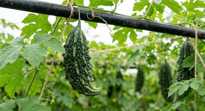 fresh green bitter melon hanging from a trellis in a tropical vegetable farm