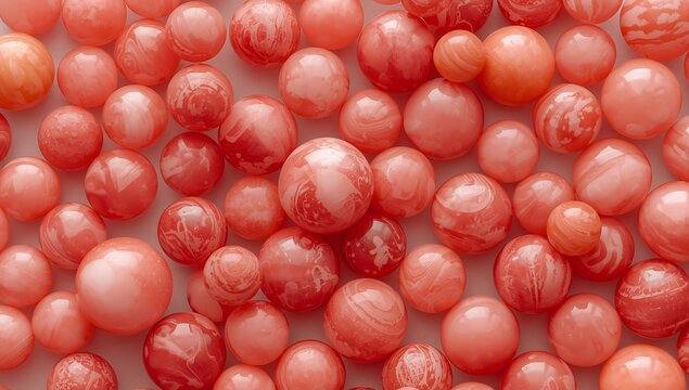 Top view of many polished red coral beads scattered together on surface for jewelry crafting background