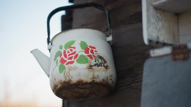 Rustic collectible with floral design. Weathered enamel pot displaying flower pattern on rustic veranda. Old fashioned enamel teapot adorned with floral decal resting on vintage wooden porch