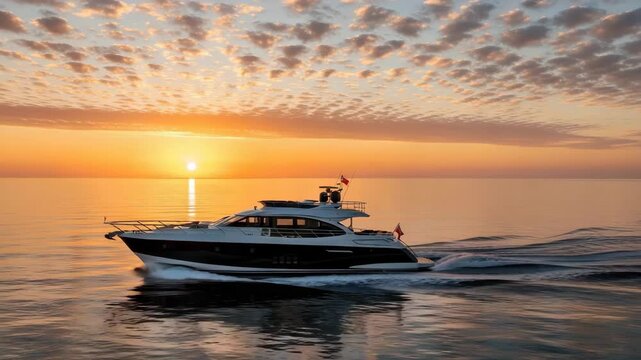 Motor Yacht Cruising On Calm Sea At Sunset Sun Reflecting On Water Wispy Clouds In The Background Luxury Travel Leisure Theme For Advertising Print Editorial Purposes