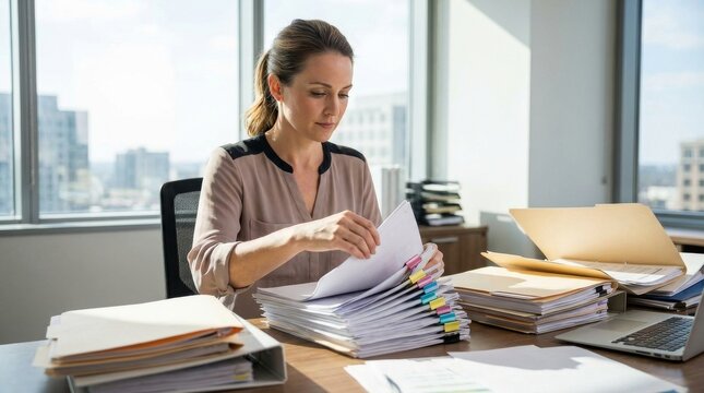 Professional businesswoman organizing office documents, female clerk sorting paper files at desk