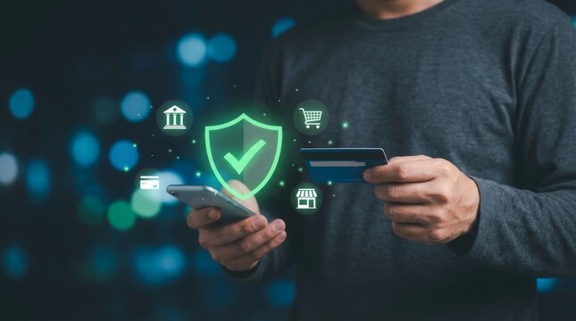 Secure online payment technology, man holding credit card and smartphone with digital shield icon