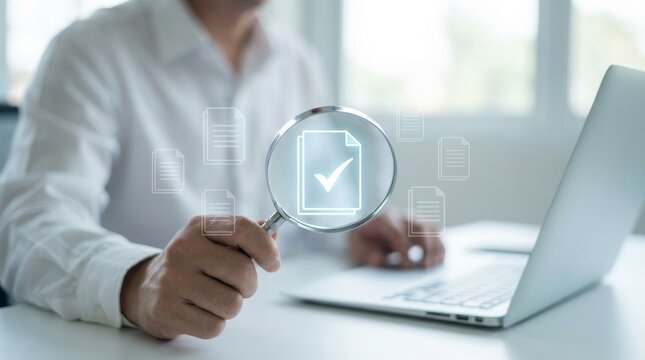 Digital document audit with magnifying glass, quality control check, business compliance review
