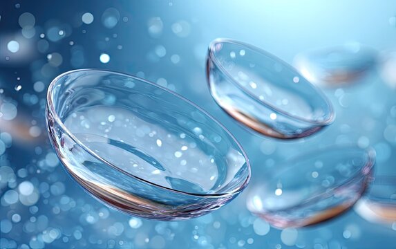 Close-up of several transparent curved lens floating with background bokeh