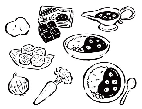 カレー　皿に盛ったもの・グレイビーボート・材料　手描きイラスト　線画セット
