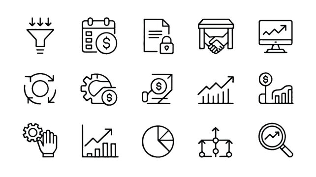 business finance icons set with graphs charts and money symbols