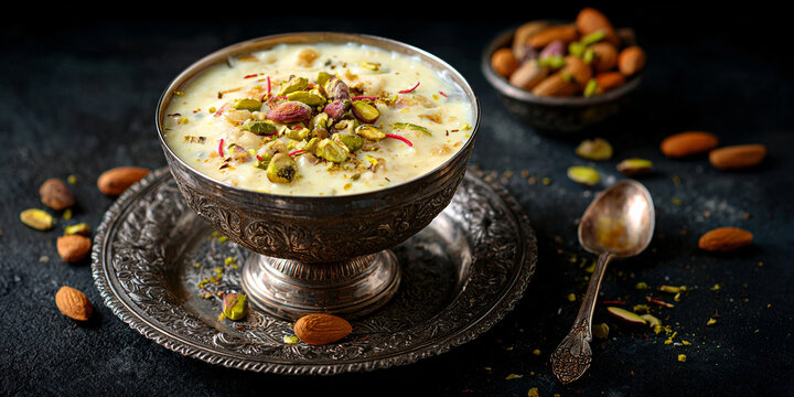 Indian rice pudding called Kheer in dish on the table