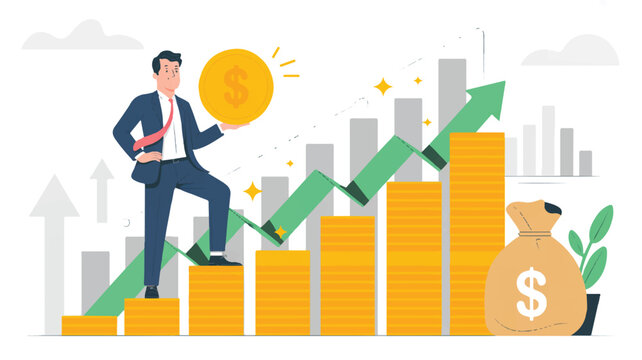 Businessman climbing up graph with growing gold coins and money bag