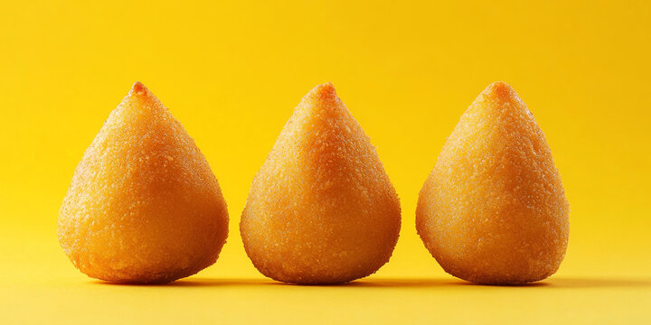 Three fried brazilian chicken croquettes called coxinhas on a yellow background