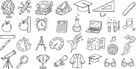Fototapeta premium Back to School Doodle Icons: Hand Drawn School Supplies, Education Elements, Learning Illustrations