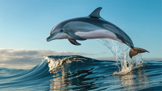 dolphin jumping out of ocean wave on sunny day