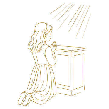 Dziewczynka w długiej sukience, klęcząca ze złożonymi dłońmi przy ołtarzu. Modlące się dziecko. Grafika na zaproszenia komunijne, kartki religijne i dewocjonalia.