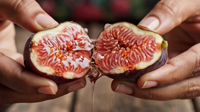 Gentle close up of hands breaking fresh ripe fig showing its red fruit inside with sweet dripping honey for sensual food experience
