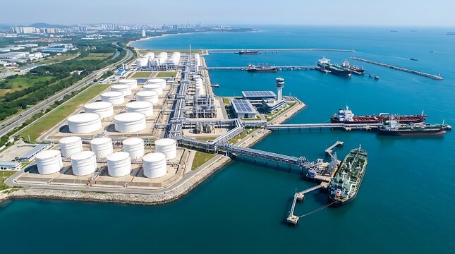 Aerial View of a Large Industrial Port with Oil Tank Farm and Ships