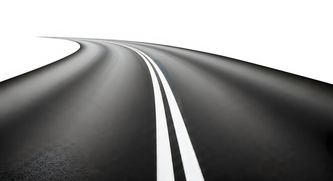 Curved Asphalt Highway Road With Double White Center Lines Isolated on Transparent Background