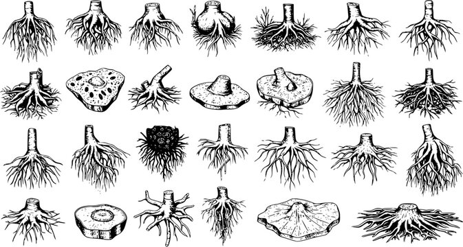 Hand-drawn botanical illustrations of plant roots, tubers, and rhizomes. Various root systems, cut sections, and forms in detailed vintage sketch style.