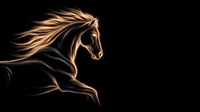 Elegant lines of glowing light sketch a running horse with a windswept mane on black, conveying freedom and motion for tech, sports, or creative identity projects.