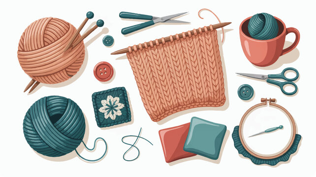knitting and sewing tools and supplies on white background