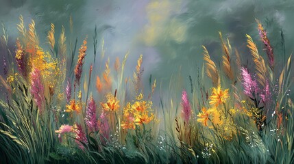 Naklejka premium Vibrant Wildflowers in a Lush Green Field at Dusk