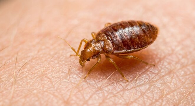 extreme close-up of a bed bug (cimex lectularius) crawling and feeding on human skin