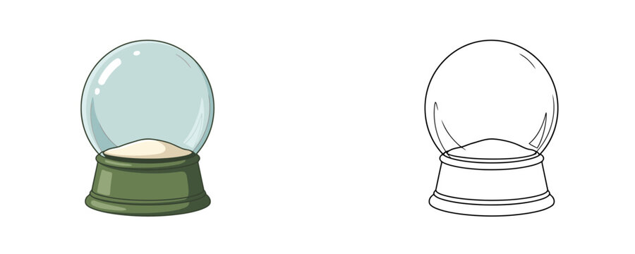 Empty snow globe cartoon illustrations in colored with green base and black outline styles for Christmas, winter decoration, or holiday gifts isolated on white background
