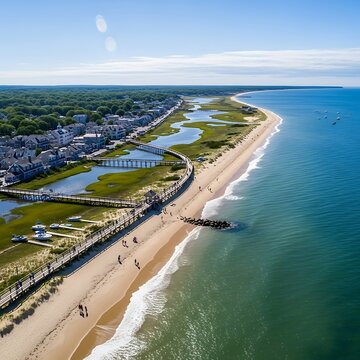 Aerial View of Coastline with Beach and Ocean in Cape Cod.